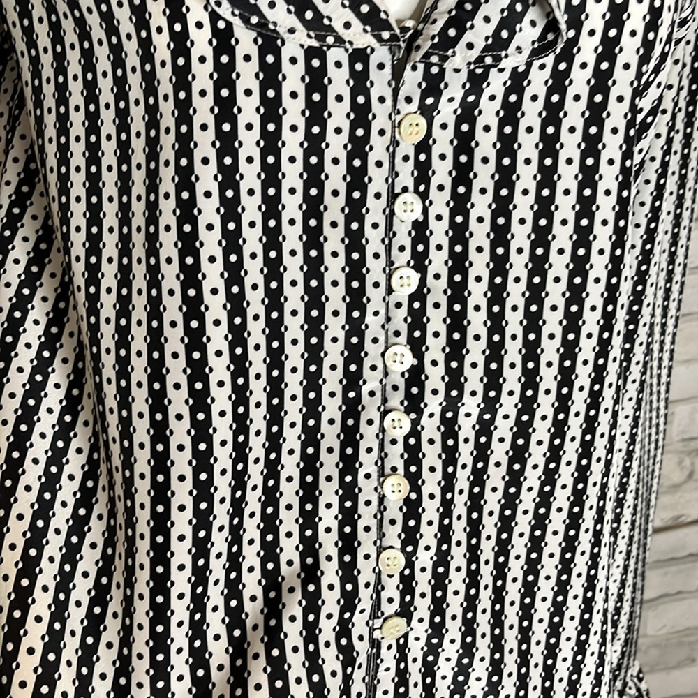 Evan Picone retro blouse black white polka dot stripe ruffle collar long sleeve - Picture 4 of 11